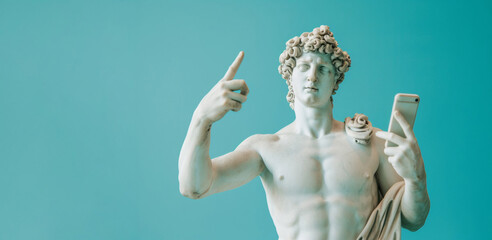 Classical Statue with a Modern Twist Holding a Smartphone, Turquoise Background - obrazy, fototapety, plakaty