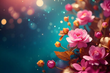 Pink flowers background with bokeh and copy space, generative AI