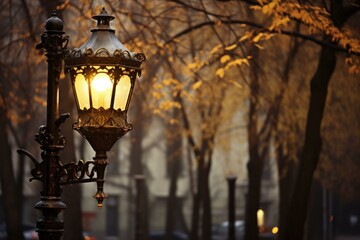 Lamp lightning on old street. Glowing lantern on urban historical wall avenue. Generate ai