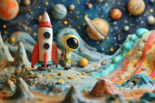 Claymation astronaut character and rocket on a textured Martian backdrop. Science fiction and space travel concept for design and print. Studio composition with vintage feel