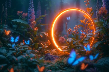 Glowing Circle in a Garden of Flowers: A Magical Nighttime Experience Generative AI