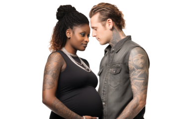 Portrait of a young couple expecting baby. Concept of pregnancy, family, love, relationship, isolated on white background
