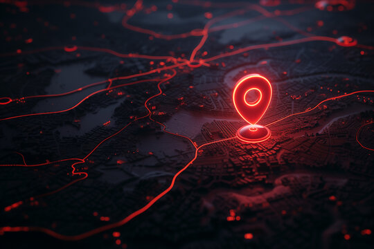 plan d'une ville en relief avec un itin&eacute;raire en surbrillance rouge avec un marqueur ou pointeur pour indiquer notre emplacement actuel ou notre destination