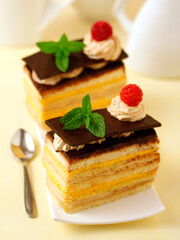 Cakes with custard and tiramisu.