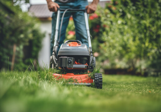 homme qui tond avec une une tondeuse &eacute;lectrique &agrave; main, la pelouse de son jardin, on voit la pelouse en gros plan. Entretien, loisirs au jardin, jardiner