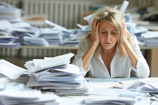 Femme sur son lieu de travail, &agrave; son bureau, surcharg&eacute;e par la quantit&eacute; de paperasse et de travail &agrave; faire, qui se tient la t&ecirc;te et grimace de d&eacute;plaisir. Burn out professionnel.