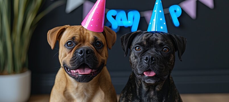 Celebrate with a Bark: Two Dogs in Party Hats for a Sweet 16 Birthday Bash Generative AI