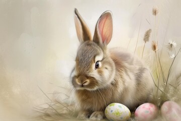 Obraz premium Happy Easter Eggs Basket Public holiday. Bunny in flower easter lilac decoration Garden. Cute hare 3d Rabbit easter rabbit spring illustration. Holy week rose vine card wallpaper Spectrum