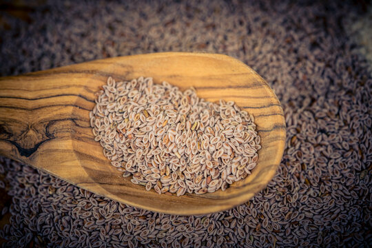 Flohsamen und Flohsamenschalen auf Olivenholz