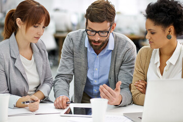 Business people, communication and tablet for digital paperwork to review corporate financial statement. Accounting, teamwork or analysis of expenses, connection or problem solving with technology