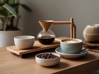 Fototapeta premium Zen Garden Coffee Setup: Calming Colors and Bamboo Accents for Tranquil Sips