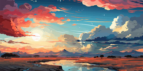 Vector evening sky clouds. Anime clean style