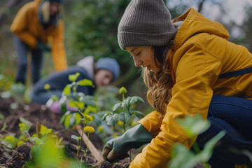 Volunteers are participating in planting trees to protect the environment
