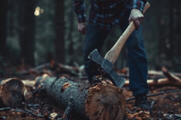 A lumberjack cuts down a tree in a remote forest with a sharp axe, an axe detail