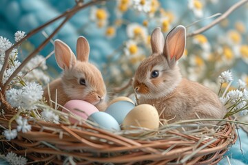 Happy Easter Eggs Basket friendhip. Bunny in flower easter Orange Zest decoration Garden. Cute hare 3d green bunny easter rabbit spring illustration. Holy week figure card wallpaper garden