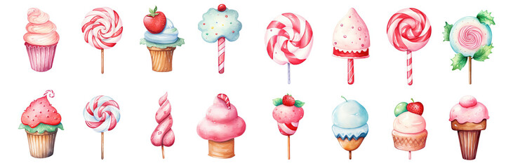 watercolor painting style illustration of cute sweet candy lollipop, cotton candy, cupcake, isolated on white background collection set, Generative Ai