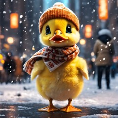 duck in the snow.Christmas snowman in the city.Immerse yourself in a 3D-rendered winter park adorned with enchanting Christmas decorations. A cute and cheerful snowman takes center stage,
