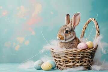Happy Easter Eggs Basket text backdrop. Bunny in flower easter Turmeric decoration Garden. Cute hare 3d tilling easter rabbit spring illustration. Holy week joyful card wallpaper red peony