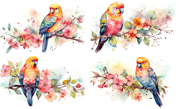 watercolor painting style illustration of parrot bird on spring flower blossom tree isolated on white background collection set, Generative Ai