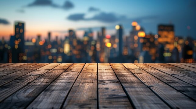 Wood Table Top with Background In the City Building Skyline Concept.
