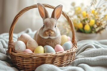 Happy Easter Eggs Basket rose vine. Bunny in flower easter pattern decoration Garden. Cute hare 3d rabbit easter rabbit spring illustration. Holy week plush costume card wallpaper thrilled