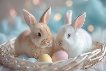 Happy Easter Eggs Basket rose shadow. Bunny in flower easter festooned decoration Garden. Cute hare 3d poppies easter rabbit spring illustration. Holy week glowing card wallpaper Community