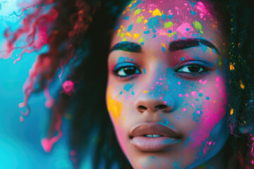 Portrait of a girl with a face full of colored powder while participating in a festival of colors