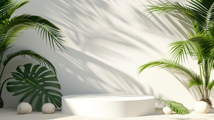 White podium stage on sandy beach for product presentation with palm leaves and white wall background