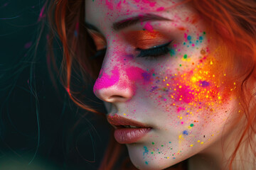 Portrait of a girl with a face full of colored powder while participating in a festival of colors
