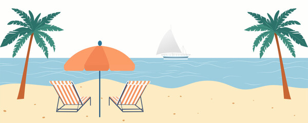 Umbrella with chairs on a sandy beach against the backdrop of the sea with a sailing yacht. Beach landscape in flat style. Sea shore vector illustration. Holidays on a paradise island.