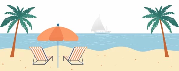 Foto op Canvas Umbrella with chairs on a sandy beach against the backdrop of the sea with a sailing yacht. Beach landscape in flat style. Sea shore vector illustration. Holidays on a paradise island. © LoveSan