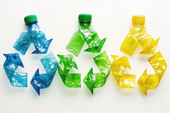 Generative AI, A recycling logo sign made of crumpled plastic bottles, zero waste, reuse concept with copy space