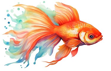 Fototapeta premium watercolor painting style illustration of goldfish swimming under water with color splash isolated on white background, Generative Ai