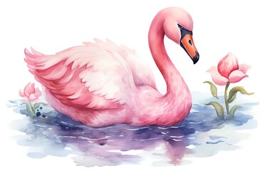 watercolor painting style illustration of pink swan in pond isolated on white background , Generative Ai