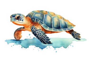 watercolor painting style illustration of sea turtle swimming in ocean, isolated on white background, Generative Ai