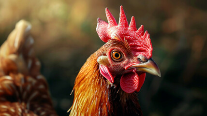 Portrait of brown hen head close-up. Chicken standing on barn yard. Free range poultry farming