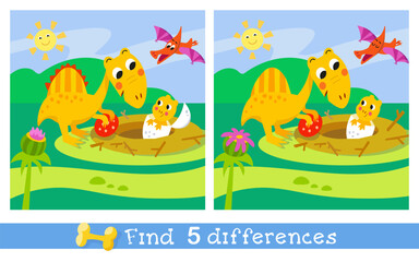 Cute cartoon dinosaur. Flat stylised isolated simple illustration. Find 5 differences. Educational puzzle game for children. Vector graphics.