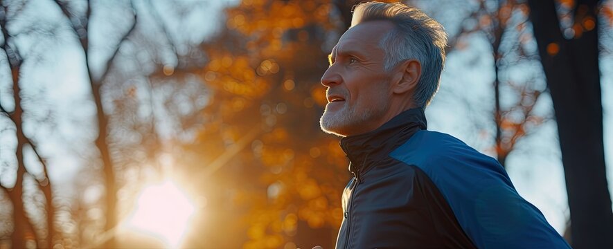 Inspiring of elderly man embracing active lifestyle jogging in park amidst vibrant colors of autumn portrait captures essence of vitality and fitness in later years health and exercise age