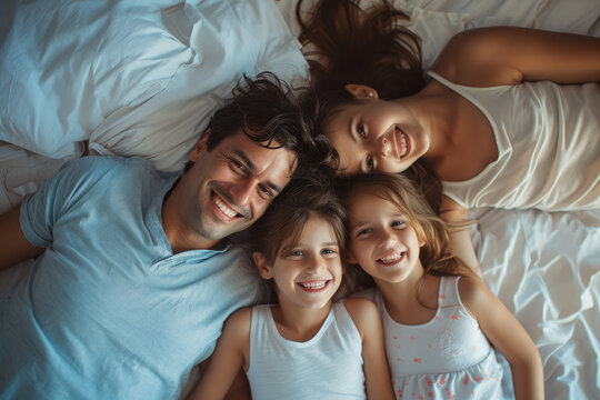 Portrait of a happy family lying in bed
