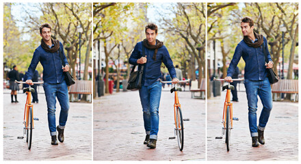 Collage, man and walking with bike for travel, city and carbon footprint for journey or commute...