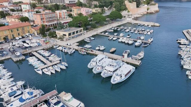 Drone reveals the royal port of La Darse in Villefranche-sur-mer. France