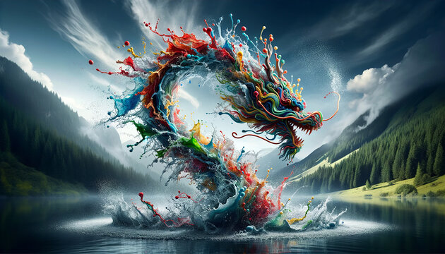 Surreal artwork of colorful, explosive splashes forming a dragon-like creature over a serene mountain lake, embodying creativity and nature's dynamism.Digital art concept. AI generated.