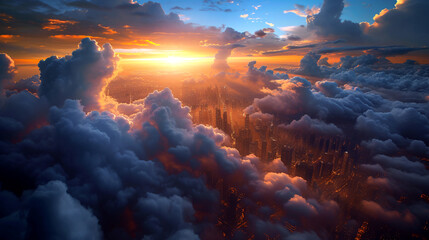 Dramatic scenic panorama of a modern city with skyscraper towers, storm clouds, and sun rising. Metropolis aerial top view on a sunset - obrazy, fototapety, plakaty