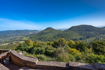 Magnificent view from Trifels Castle over the hills of the Palatinate Forest, above the southern...