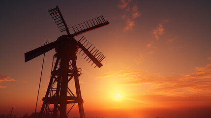 traditional windmill with a beautiful sunset view, eco friendly energy, go green