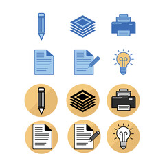 Work Document Activity icon set. Containing upload, document, link, download file, folder, data, printer, lamp (idea) and PDF icons. Solid icon collection. Vector illustration.