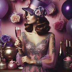 Beautiful young woman holding champagne in her hands, party wear, Christmas mood, balloons on background, pastel colours, natural light.portrait of a woman with a wand.portrait of a woman in a hat.