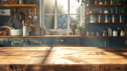 Elegant Wood Tabletop Perspective Over a Blurred Kitchen Scene for Product Montages and Design...