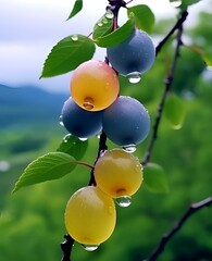 ripe plums on a branch.Grapes in branch.Tree branch with ripe plums.