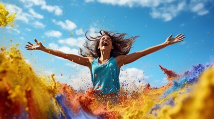 indian young girl showing colourful palm and celebrating holi with colour splash - obrazy, fototapety, plakaty